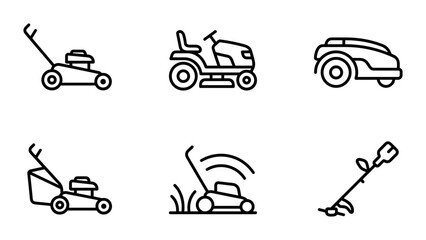 Naklejka premium Lawn Mower Icons Set: Garden Equipment Vector Graphics, Yard Maintenance Tools, Outdoor Machinery Collection