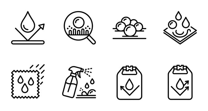 Waterproof Fabric Icons, Hydrophobic Material Symbols, Liquid Repellent Technology Graphics