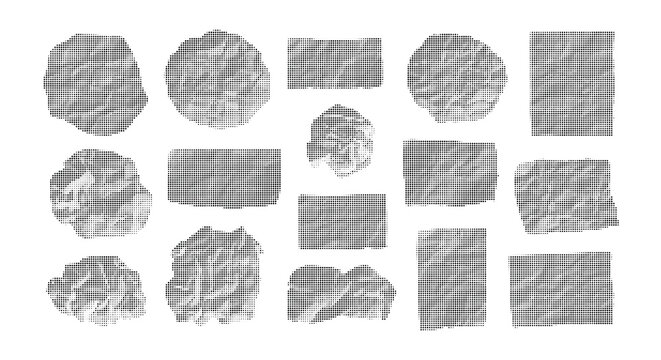 Collection of crumpled paper halftone dot patterns forming irregular shapes and rectangles, graphic resources for design.