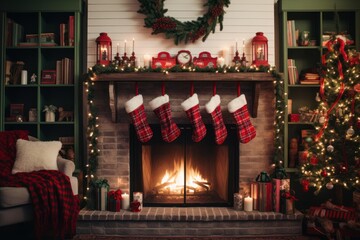 Obraz premium Warming festive atmosphere by a fireplace with holiday decorations, gifts, and a glowing christmas tree