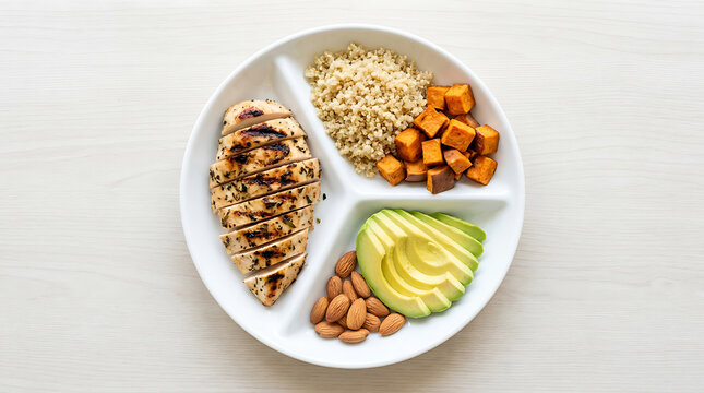 Healthy portioned meal featuring grilled chicken breast with quinoa, roasted sweet potatoes, avocado slices and almonds on a divided plate