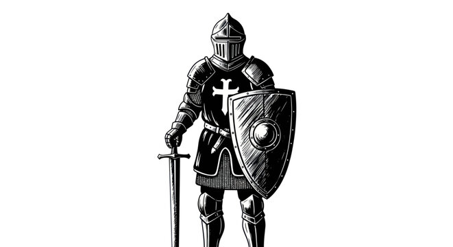 Medieval Knight with Sword and Shield, Crusader Warrior, Vintage Illustration