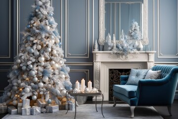 Obraz premium Modern living room interior featuring a decorated christmas tree and cozy armchair in soft blue tones