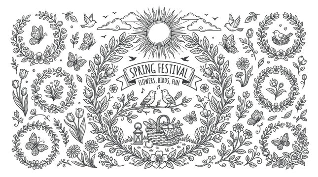 Spring festival decorative elements collection featuring hand drawn flowers birds butterflies and picnic basket line art