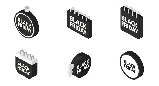 Black Friday Sale Promotional Graphics Set on White Background.