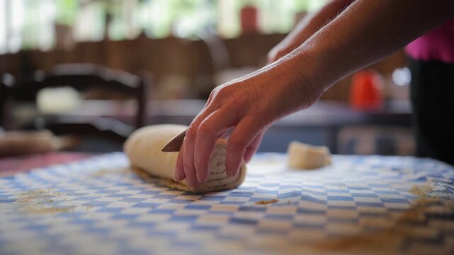 Log of cinnamon roll dough is cut into individual buns prior to baking