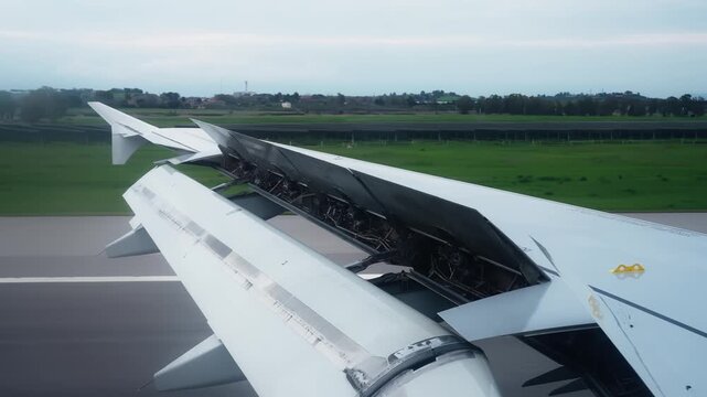 Passenger window view of aircraft spoilers raised after touchdown, showing landing rollout over runway and green airfield in a detailed aviation operations scene.