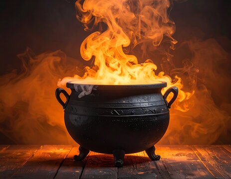 A large black cauldron on fire