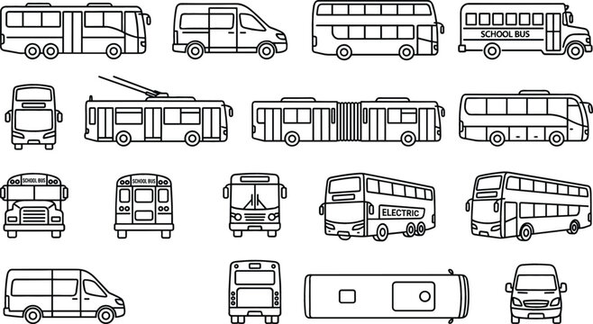 Bus public transit vehicle line icons set featuring city coach shuttle school double decker van electric trolleybus transport passenger commuting travel vector