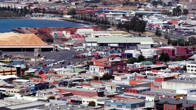 Tele view panorama of Burnie city port and harbour strait link transport infrastructure.