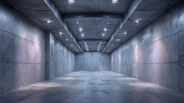 Interior perspective of an empty, dimly lit modern concrete corridor illuminated by recessed ceiling fixtures
