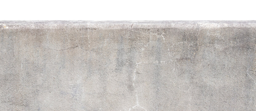 Grey concrete wall border object isolated on white background with rough weathered texture