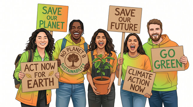 Group of diverse young activists holding eco protest signs in bright vests outdoors