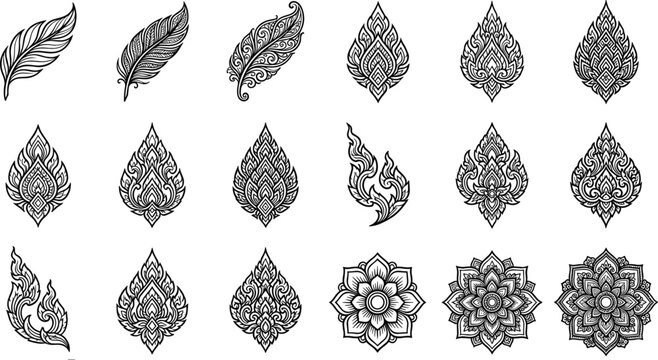 Traditional Thai pattern ornament and mandala vector illustration set featuring ornate feathers floral elements and oriental line art decorative graphics.