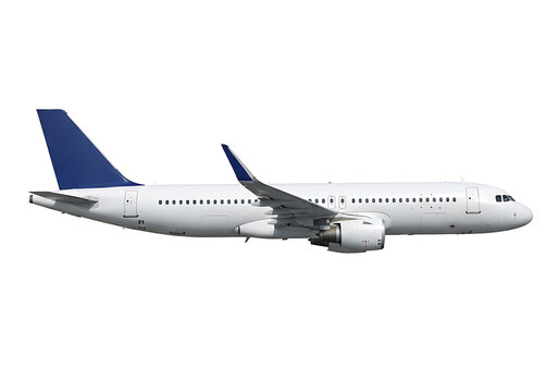Airplane white and blue commercial aircraft side view