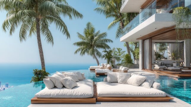 Luxurious modern villa overlooks expansive turquoise ocean from infinity pool deck