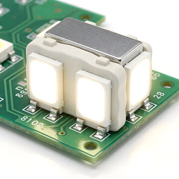 Close-up of bright surface mount device (SMD) LEDs illuminating a green printed circuit board, highlighting modern electronic component technology and efficient light sources in action