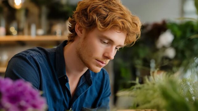 Young caucasian male with red hair observing plants in a cozy indoor setting