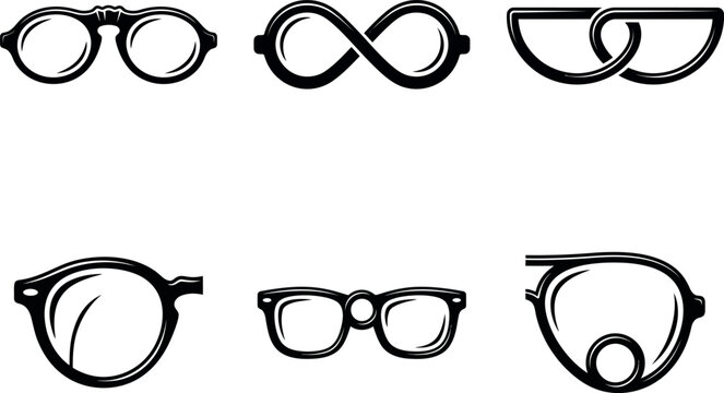 Six black eyeglass frame vector icons