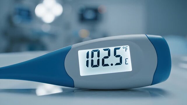 Close Up Of Digital Medical Thermometer Showing High Fever Of One Hundred Two Point Five Degrees Fahrenheit In Hospital Setting.
