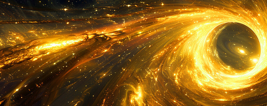 A vibrant digital illustration of a glowing golden vortex or black hole swirling in space with cosmic particles and radiant light trails.