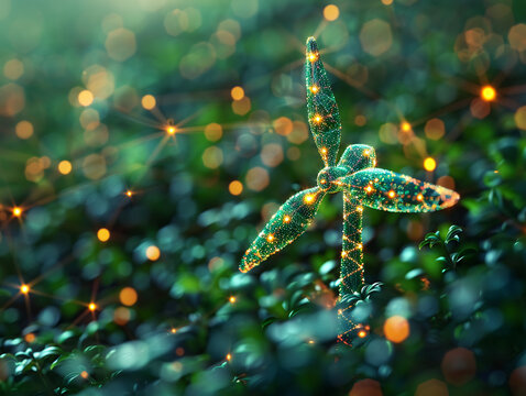 A glowing dragonfly-like figure made of sparkling light particles hovers above lush green foliage with vibrant bokeh in the background.