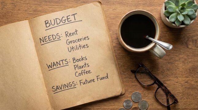 Open notebook on a wooden table lists budget categories; next to it are a cup of coffee, glasses, coins, and a small succulent plant.