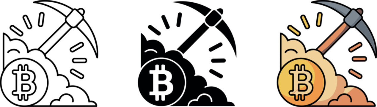 Bitcoin crypto mining vector icon set featuring line art silhouette and colored pickaxe designs for cryptocurrency blockchain technology and finance concepts