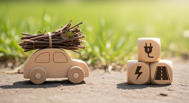 Eco-Friendly Electric Vehicle Concept with Wooden Toy Car and Blocks Showing EV Charging Road and Energy Icons
