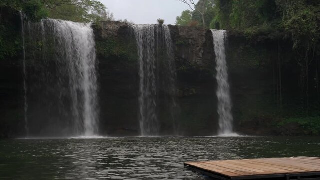 Tilt up reveal from a floating wooden raft to Tad Champee waterfall, showing the pool, falling water and forest surroundings in Laos.