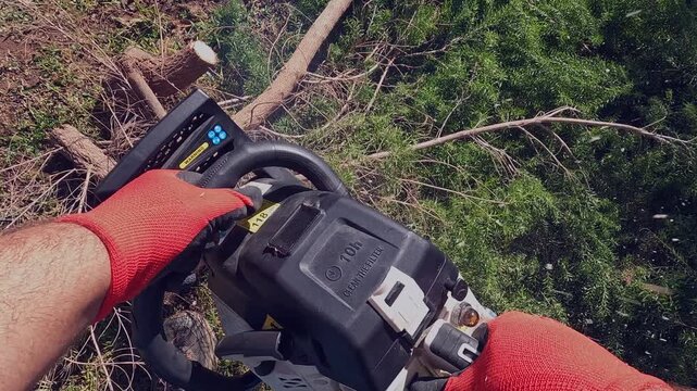 Arborist uses small chainsaw to cut tree branches on ground, POV
