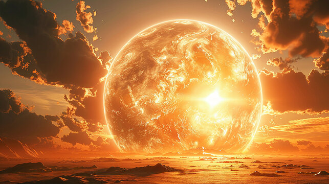 A glowing sun sets over a dramatic landscape, surrounded by fiery clouds, casting warm orange light across the scene.