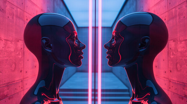 Two reflective black humanoid figures face each other in a futuristic room illuminated by neon pink and blue lights.