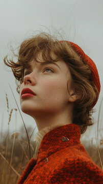 A young woman with curly hair and red lips gazes upward, wearing a red textured coat and matching beret, set against a muted outdoor background with dry grasses.