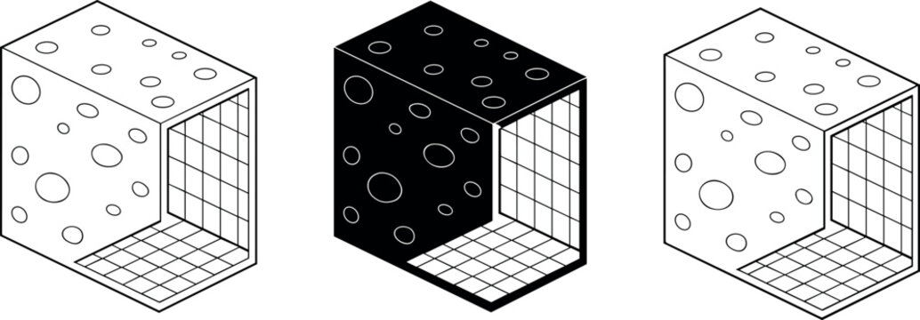 Isometric block vector illustration set with technical wireframe grid line art and silhouette engineering designs