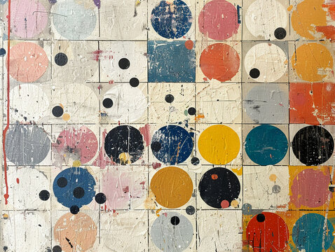 A colorful, abstract mural of various sized circles and squares painted on a textured wall, showing signs of wear and artistic splatters.