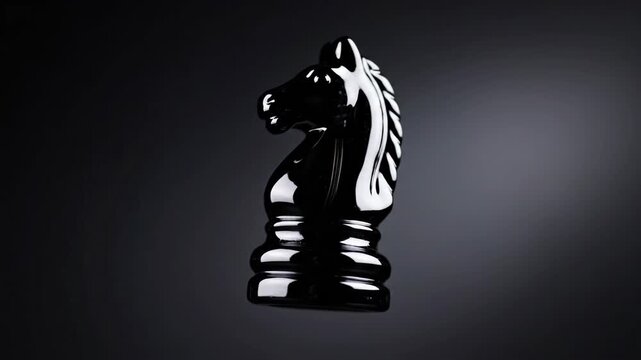 Shiny Black Knight Chess Piece Floating Against a Dark Background with a Spotlight