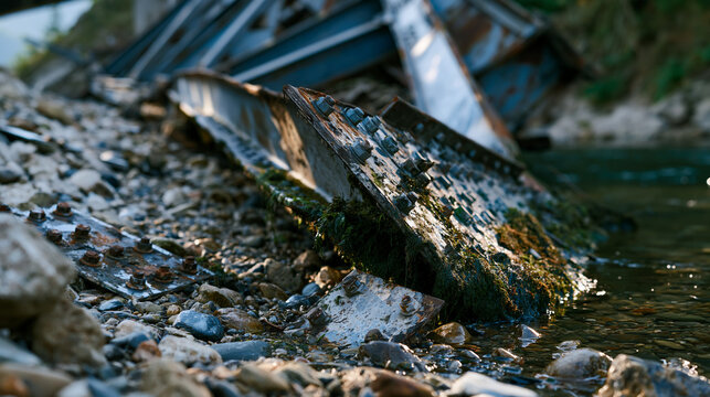 Truss bridge wreckage settles into a gravel riverbed, steel I-beam sections twisted by hydraulic force, bolted connection plates scattered downstream, algae colonizing submerged structural steel, do