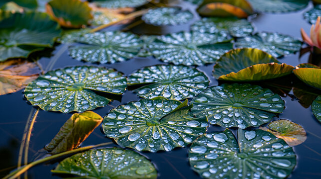Water lily pad field at dawn, Nymphaea leaves tessellating across calm water surface, spherical dew drops resting in geometric arrangement on circular pads, emergent aquatic vegetation creating bota