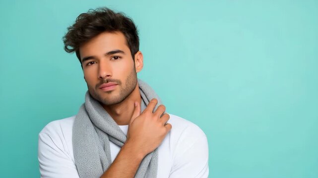 Young caucasian male in white shirt and gray scarf against teal background