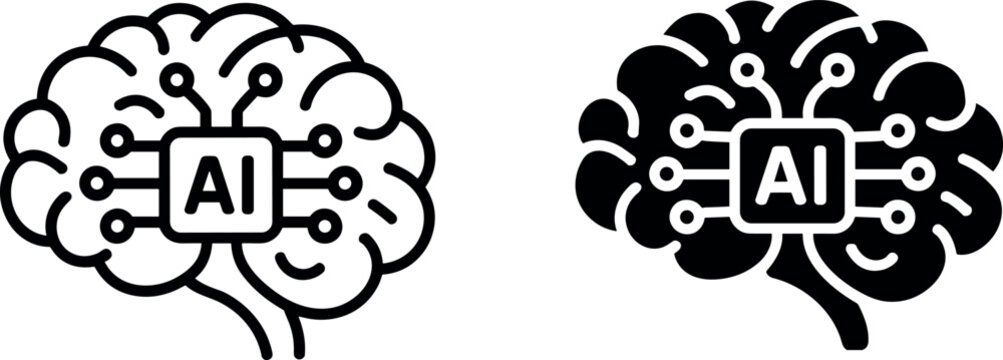 Artificial intelligence human brain microchip vector icon set with outline and black silhouette concept illustrations