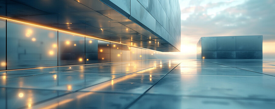 A modern, reflective architectural scene with sleek metallic surfaces and warm lighting at sunset, creating a futuristic and serene urban atmosphere.