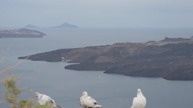 Pan across the Santorini caldera with Tholos Naftilos and pigeons in the foreground, Greece.