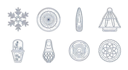 Obraz premium Collection of various detailed line art illustrations of different objects.