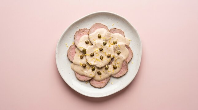 Flat lay of classic Vitello Tonnato slices on pink background
