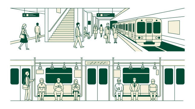 Passengers waiting on a subway platform and sitting inside a train carriage with minimalist line art style, provides urban transit visuals and illustrating daily commute lifestyle