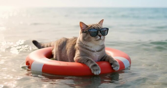 Cat wearing sunglasses relaxing on red lifebuoy ring floating on calm sea water at sunny summer beach, cute gray tabby pet coastal vacation scene with gentle waves and playful mood