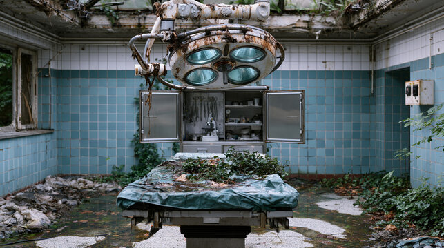 Abandoned operating theater retains original ceramic tile walling, overhead surgical lamp armature corroded, stainless instrument cabinet doors hanging open on failed hinges, water infiltration mapp