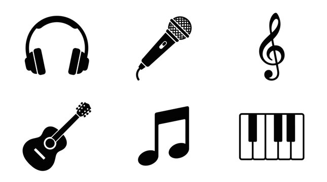 Music icons including headphones, microphone, guitar, and musical notes on white background
