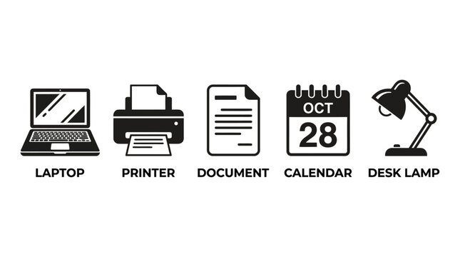 Office workspace with laptop printer document calendar and desk lamp on a tidy desk.
